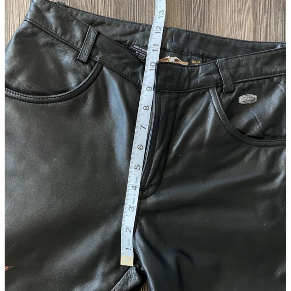 Rare vintage leather Harley Davidson flames pants black motorcycle orange - Picture 7 of 10